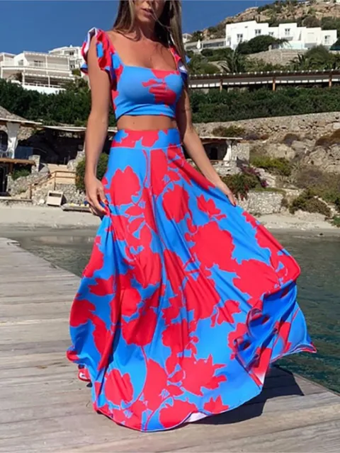 Conjunto de dos piezas de falda con estampado de estilo bohemio para mujer, Top corto Sexy, faldas acampanadas de cintura alta, conjuntos de 2 piezas, trajes informales para vacaciones para mujer
