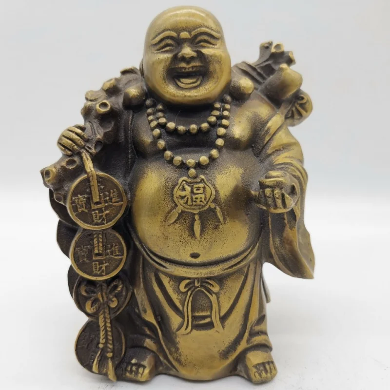 

Antique Brass Bag Buddha Maitreya Buddha Big Belly Bag Monk Smiling Mouth Always Open Wealth and Blessing Copper Craft