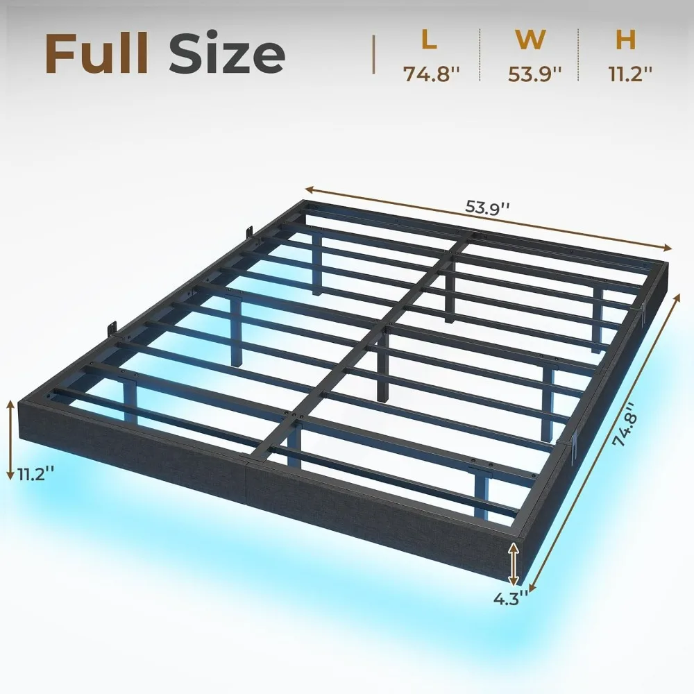 Floating Bed Frame Full Size, LED Bed Frame Linen Upholstered Platform Bed with Underbed Storage,Heavy Steel Slats Support,Bed