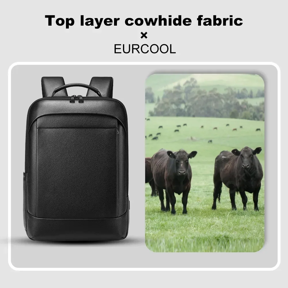 Mochila nueva de piel de vaca con capa superior para hombre, mochila informal de negocios resistente al agua para ordenador portátil de 15,6 pulgadas con USB, 2025