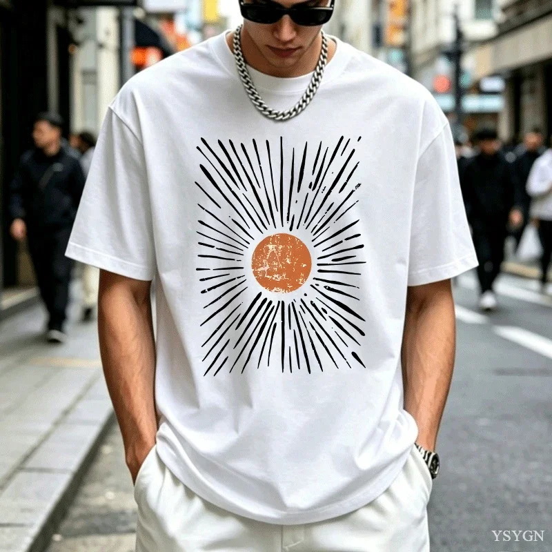Summer Men's Retro Sunrise Sunshine Pattern Printed Round Neck T-shirt 100% Cotton Street Soft Breathable Neutral Short Sleeve
