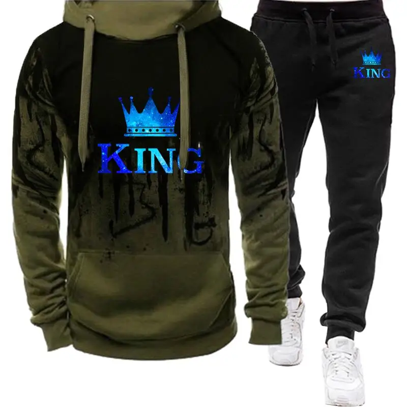 Autumn winter Spring Men\'s Sports Suit King Printed Tracksuit mens Clothing Hoodie+Sweatpants Fashion 2Pcs Set Jogging