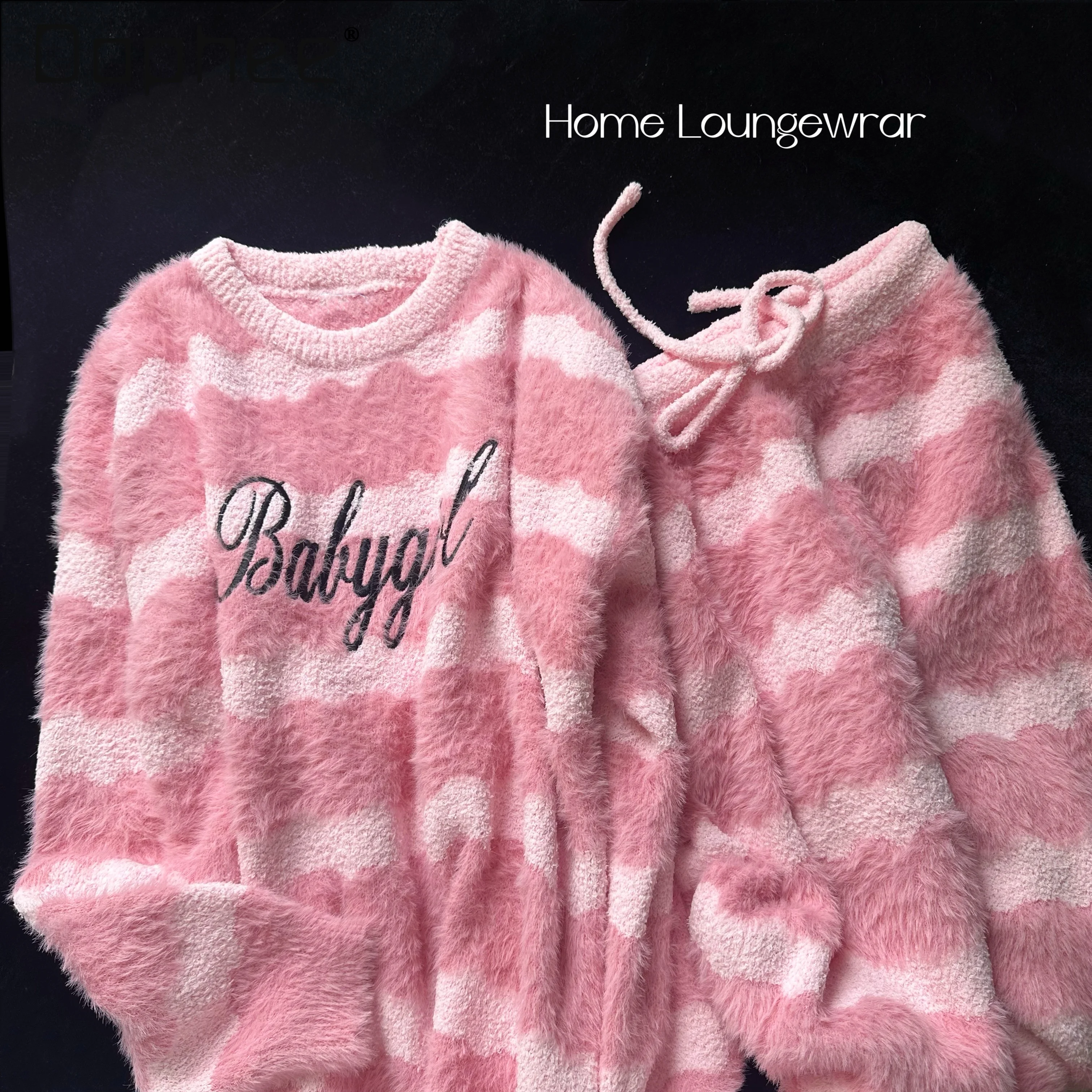 

Soft Pajamas Striped Pink Fluffy Women Autumn and Winter Mink Hair Splicing Warm Thickened Round Collar Loungewear Casual