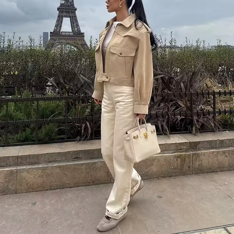 

Z 2025 New Sle Women's Faionable Casual Suede Jaet Outerwear Versatile Daily Wear Commute Wind Long Sve Zipper