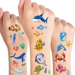 Tatuajes temporales de animales del océano para niños, tatuajes de criatura marina, pegatinas para niños y niñas, tema bajo el mar, recuerdos de fiesta de cumpleaños