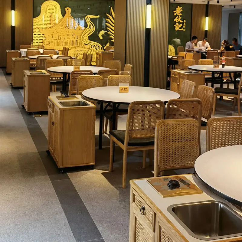 !@Leisure Minimalist Themed Solid Wood Modern Durable Restaurant Catering Table and Chairs Booth Sofa Combination Set