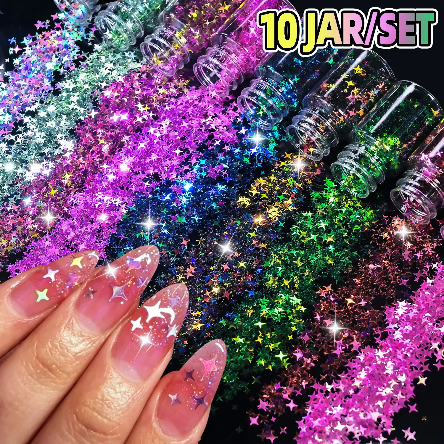 10Jars/Set Holographic Four-Pointed Star Nail Glitter Sequins Laser Starburst Slice Nails Flakes Cross Stars Manicure Paillettes