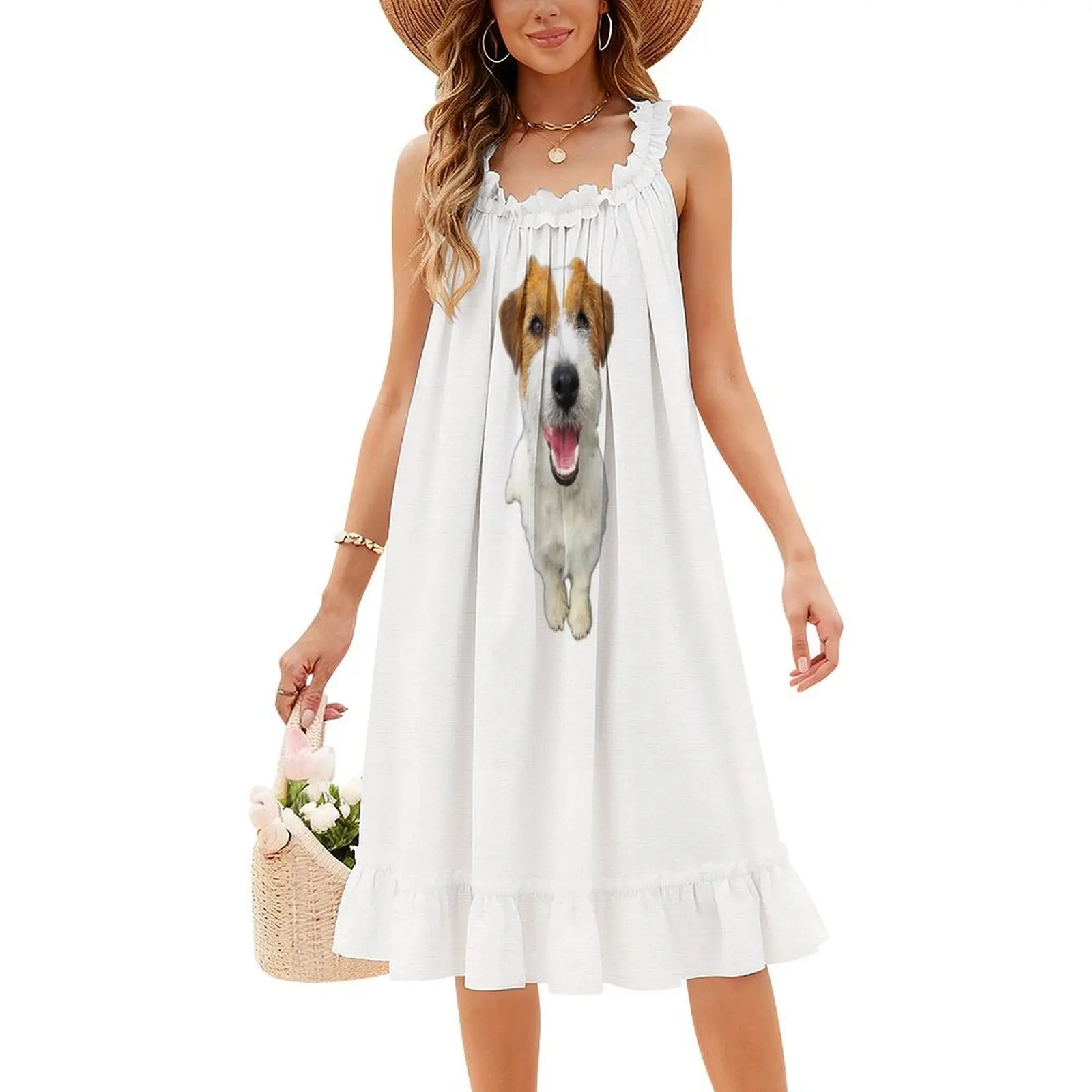 Jack Russell Terrier Gaun Pesta Elegan Wanita Motif Anjing Lucu Gaun A-Line Dengan Pilihan Pendek/Panjang/Tanpa Lengan Jack