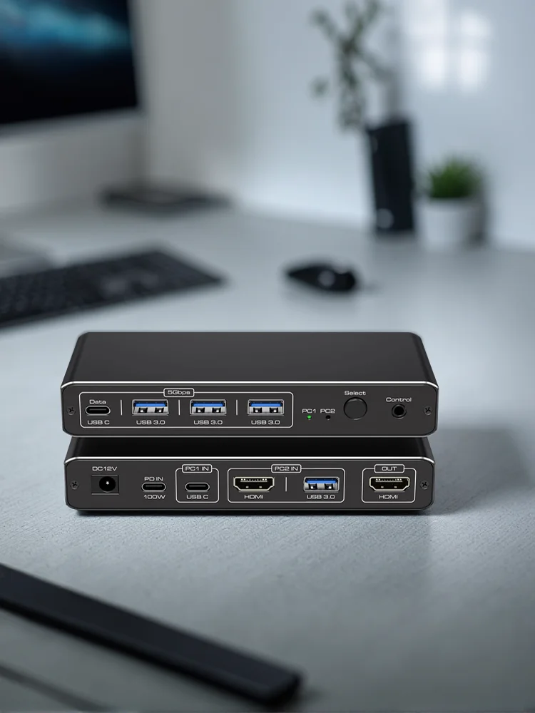 Navceker 2K 120Hz Thunderbolt USB C HDMI KVM Switch 100W PD Charge Type C USB KVM Switcher dla PC Desktop Macbook 1 HDMI Monitor — 2