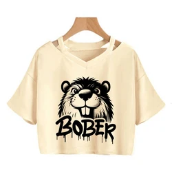 Bobr Kurwa Harajuku Y2k Crop Tops Funny Cartoon Tee Shirt Kurwa Bober Grunge Tshirt Fashion Mange Cropped T-shirt Clothes Femme