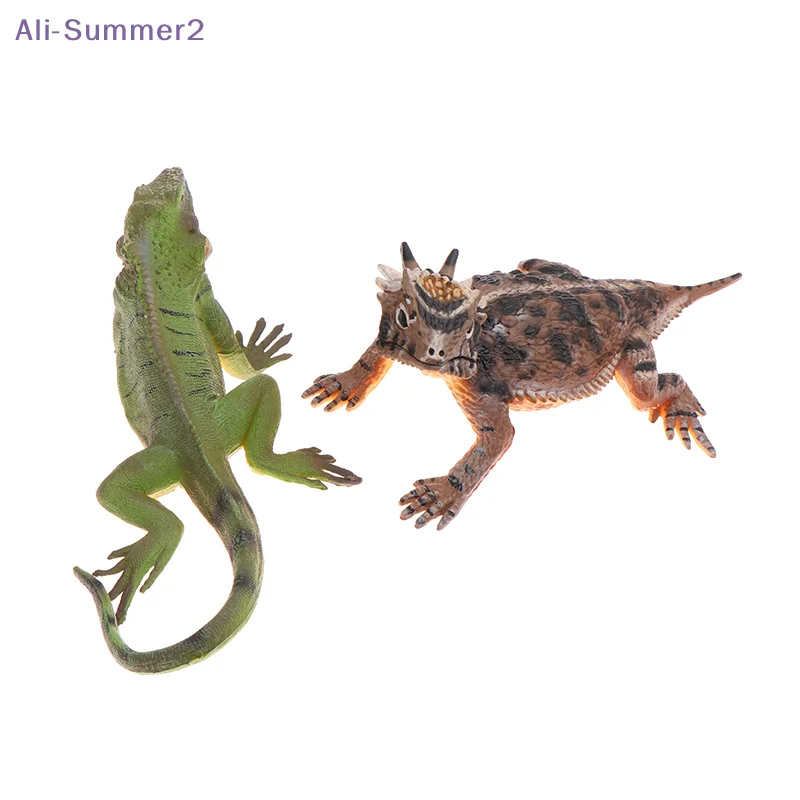{Summer2} 【Summer2】Figura de lagarto con cuernos, iguana verde, adornos de escritorio, figuras de acción, juguete educativo de vida silvestre para niños y niñas