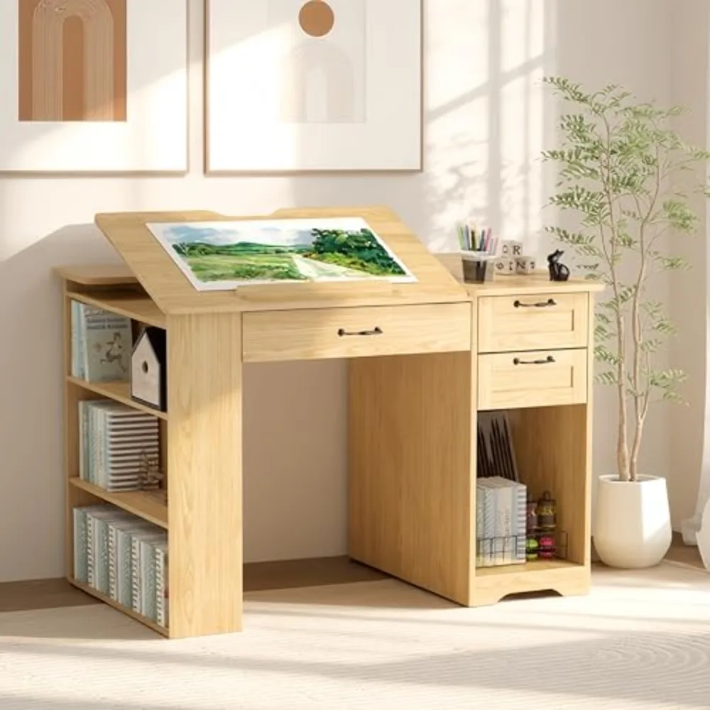 Drafting Table with Storage Cabinet & Drawers, Adjustable Drawing Desk with Open Shelves, Craft Table Painting Desk for