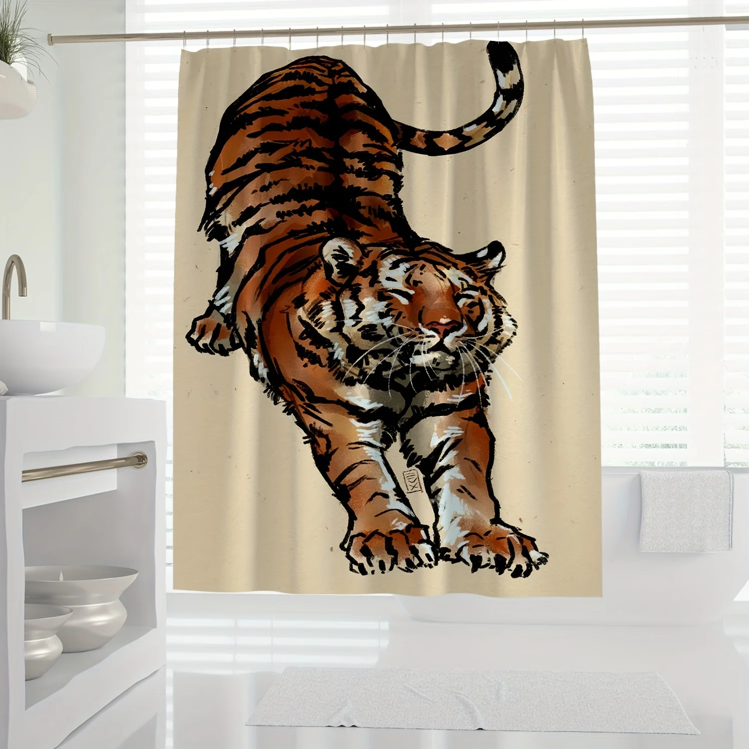 

1pc Funny Cartoon Tiger Print Shower Curtain - High Quality Polyester Bathroom Decor with Hooks, Machine Washable Artistic Anima