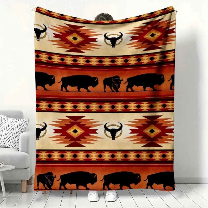 

Western Bison & Aztec Pattern Blanket Tribal Design Cozy Soft Flannel Throw Blanket for Sofa Bed Couch Home Decor All-Season
