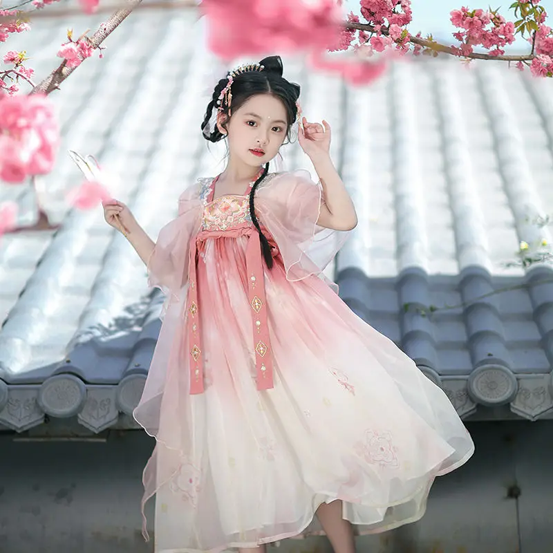 Hot Summer children's Hanfu Chinese Tang Dynasty Princess Cute ricamato Dress