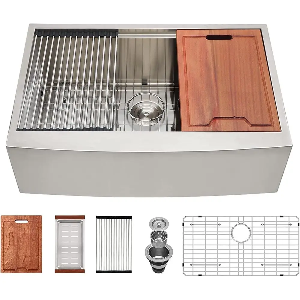 

Кухонная мойка Armhouse из нержавеющей стали 16 калибра, глубокая, с одной чашей, с фронтальным фартуком-полкой, рабочая станция, модель 33