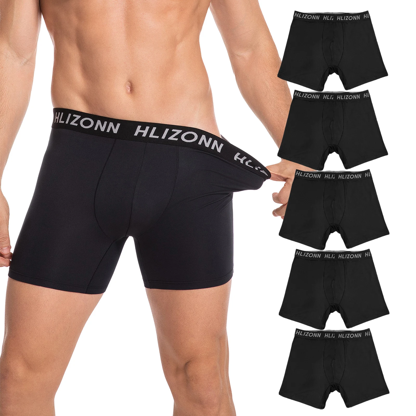 

5PCS Hlizonn Men Moisture Wicking Boxer Briefs Ultra Soft No Fly Bulge Pouch Underwear Contrast Color Waistband 6" Inseam Boxers