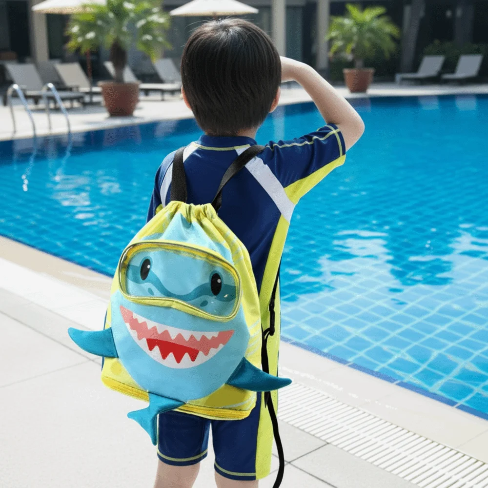 Portable Shark Drawstring Swimming Bag Separation Storage Oxford Cloth Wet Dry Bag Cartoon Design Drawstring Closur