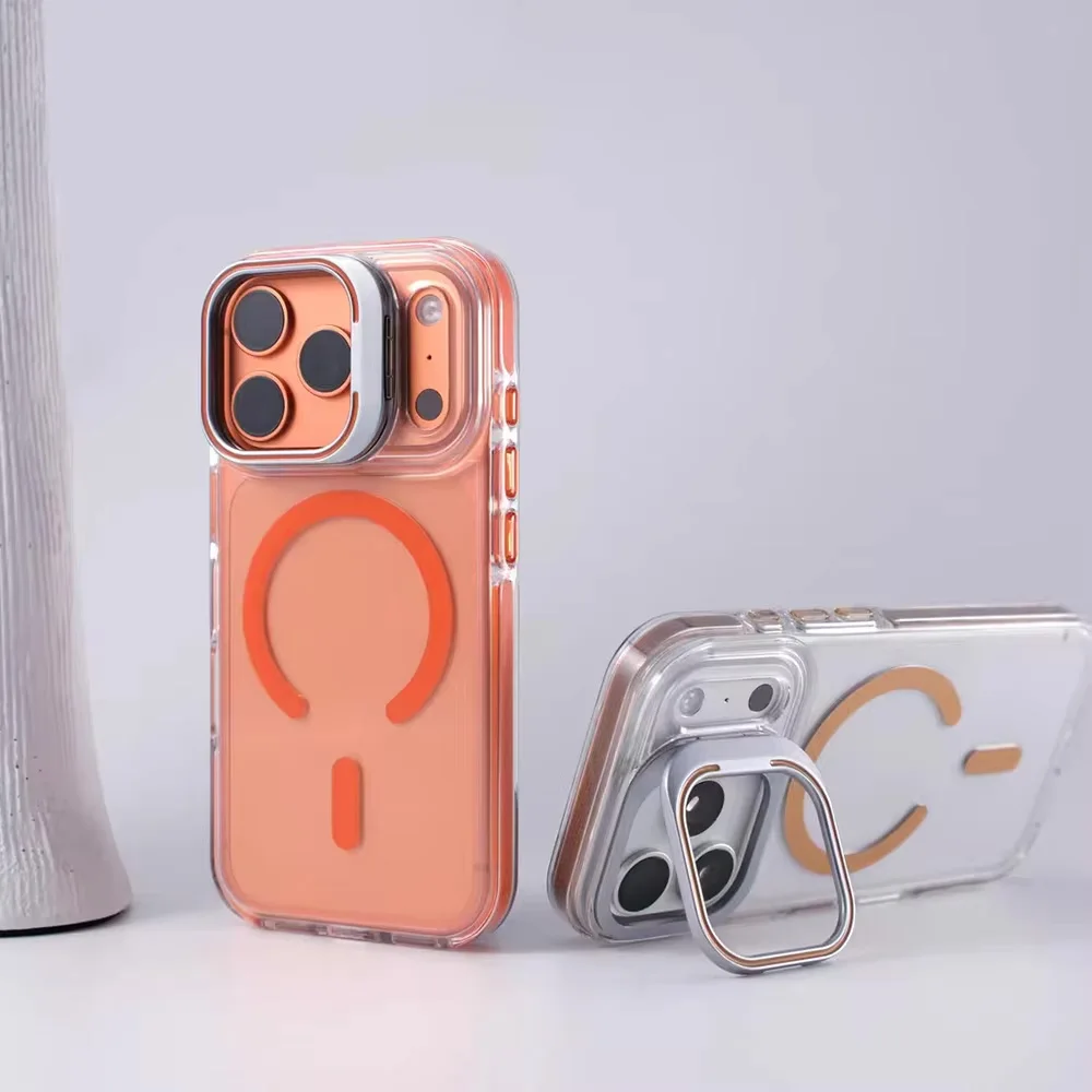 

Luxury Magnetic Shockproof Clear Bumper Case For iPhone 17Pro Max Air 16 15 14 13 12 11Plus For Magsafe Lens Stand Magnetic Case