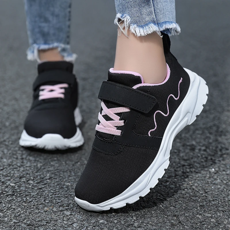 Black Pink Girls Sneakers Casual Breathable Mesh Running Shoes Comfortable Anti Slip Sport Shoes Lightweight Daily Wear Footwear