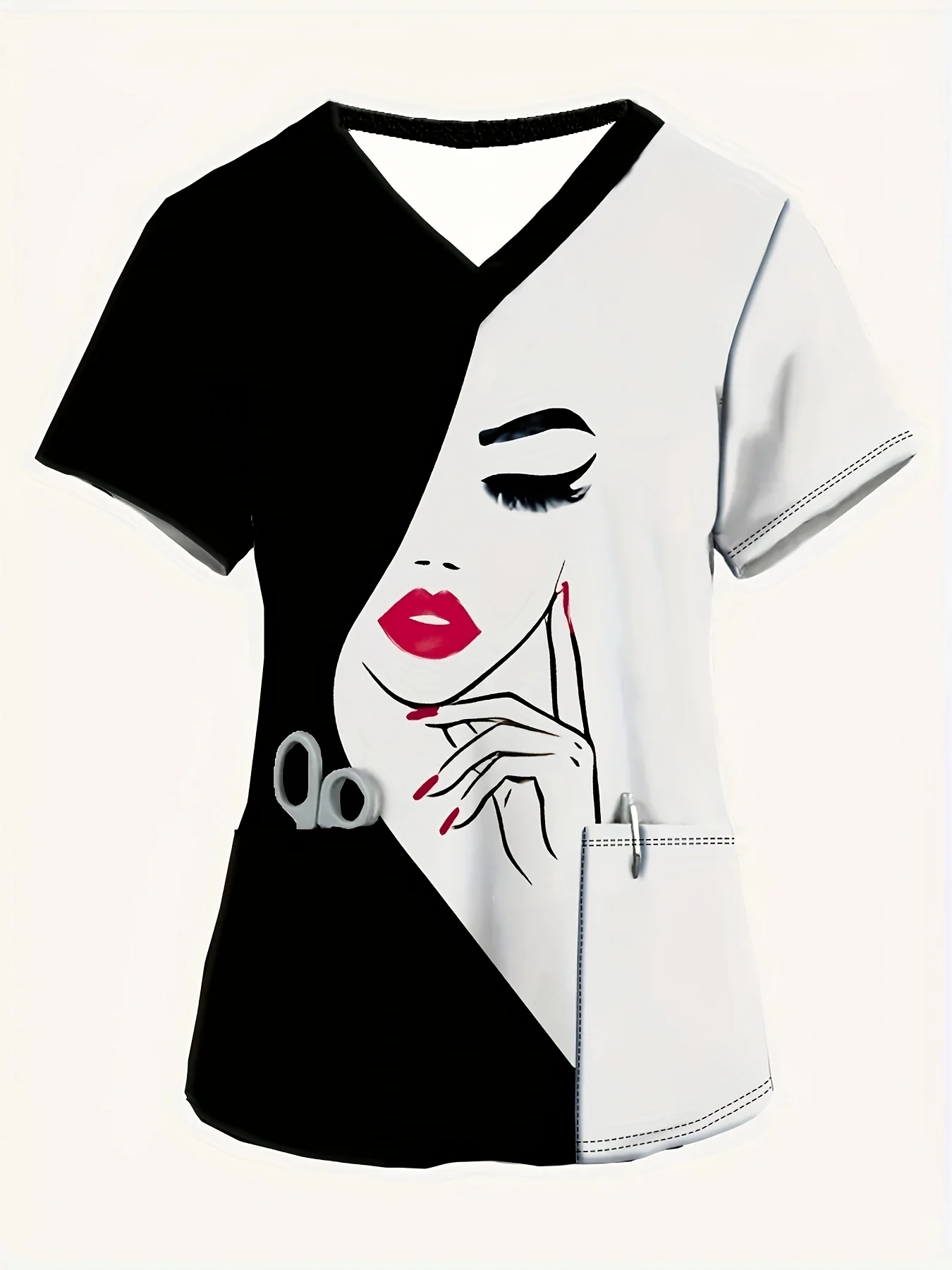 

Women's Elegant V-Neck Top with Stylish Woman Portrait Design - Short Sleeve Nurse Uniform, Comfortable & Casual with Pockets