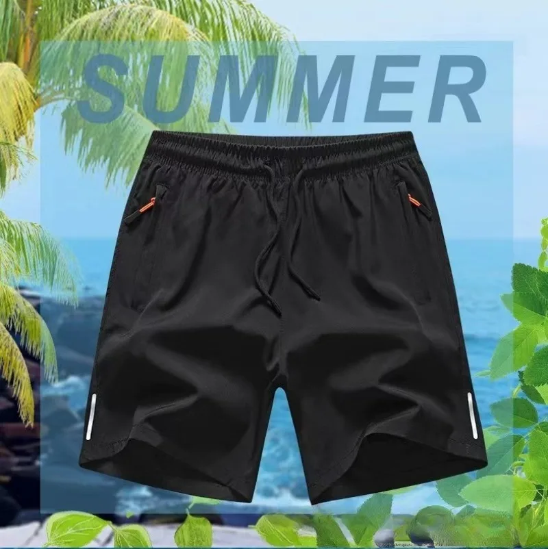 

Летние новые тонкие мужские шорты свободного кроя с молнией и шнурком, из ледяного шелка, быстросохнущие, для спорта, бега, фитнеса, пляжные шорты для мужчин