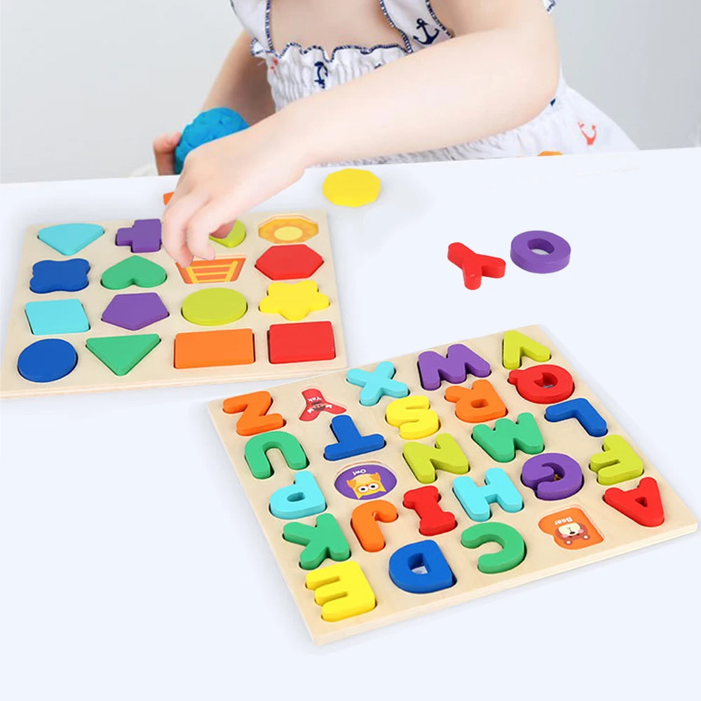 Rompecabezas 3D de madera para niños, juguetes coloridos Montessori, números, letras, formas geométricas, juego a juego, juguetes educativos