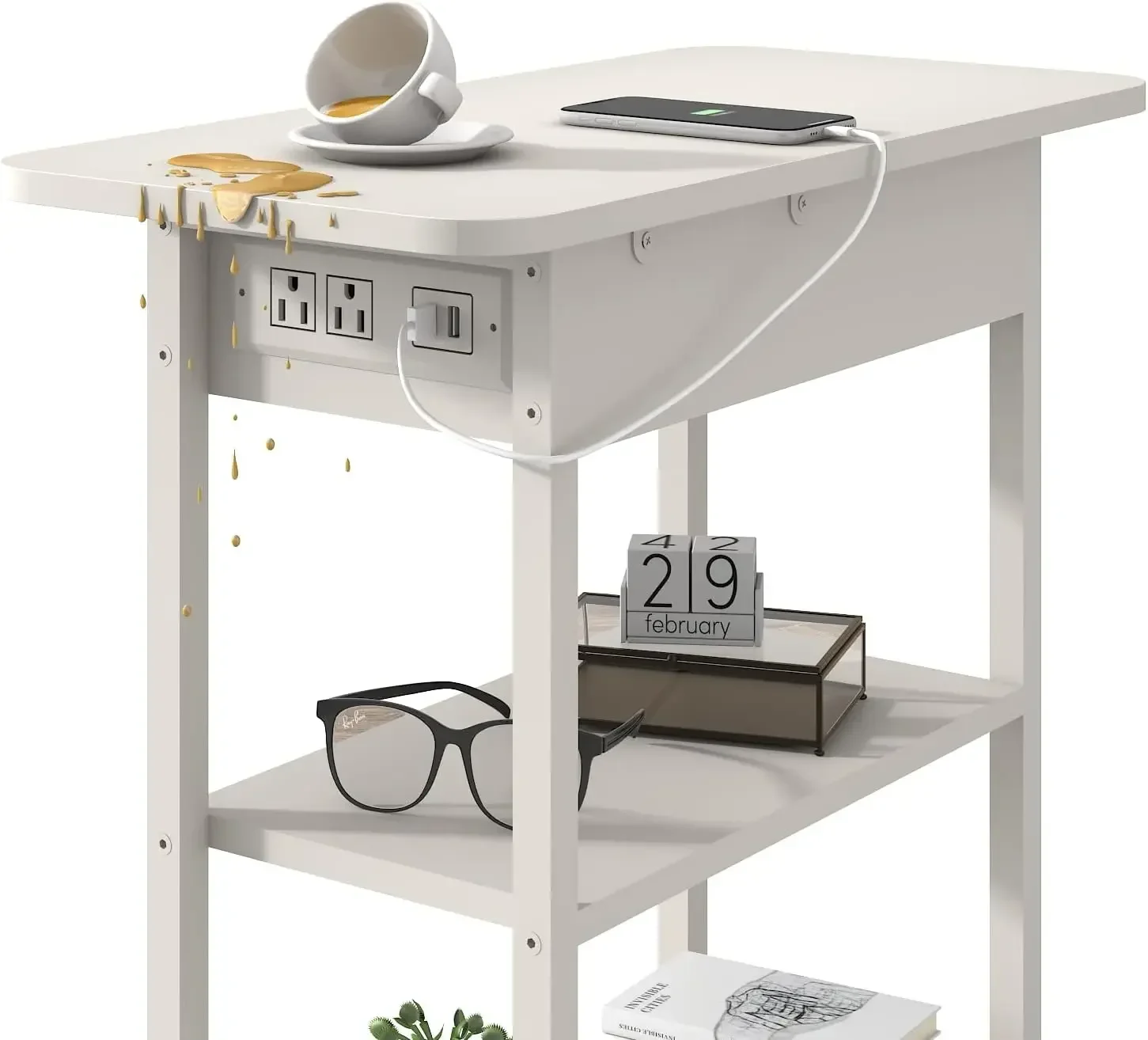 充電ステーション付きエンドテーブル、USBポートとコンセント付きフリップトップサイドテーブル、狭いスペース用のナイトスタンド、ベッドサイドタブ