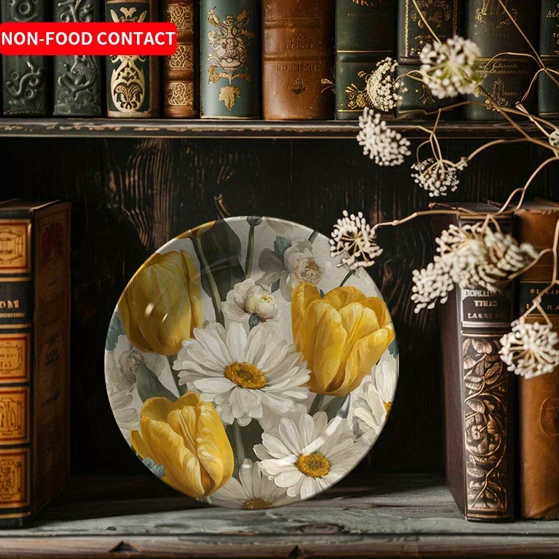 1 Elegant Floral Ceramic Decorative Plate - Hand-Painted Yellow Tulips and White Daisies, Non-Food Contact Hanging Dish or