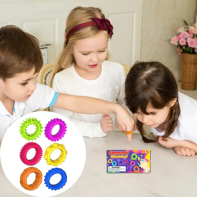 Stress Rings Textured Fidgets Rings Toys Set Of 6 Spiky Sensory Finger Rings Silent Stress Reducer Fidgets Ring For Kids Teens