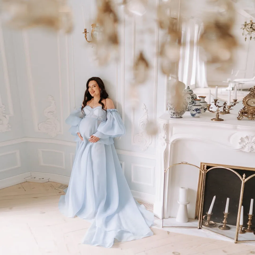 

Pretty Milk Blue Chiffon Maternity Dress Off Shoulders Sweetheart Long Pregnancy Dresses Vestido De Fashion Draped Tulle Dress