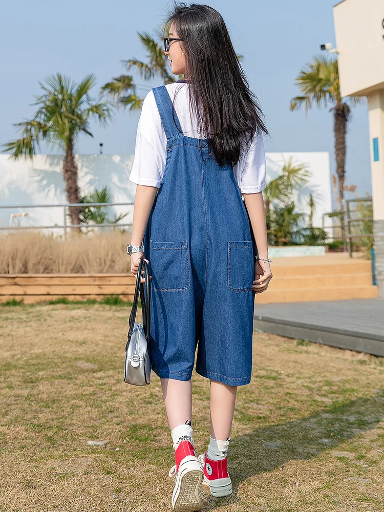 Fashionable Casual Denim Overalls for Teenage Girls High Waist Cotton Polyester Blend Summer Collection Trendy Large Size