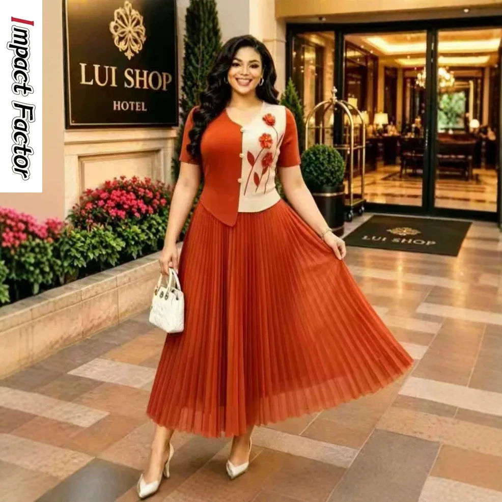 

2026 Miyake Summer New Printing Fashion V-neck Short-sleeved Thin Women's Clothing Loose and Elegant Miyake Pleated Long Dress