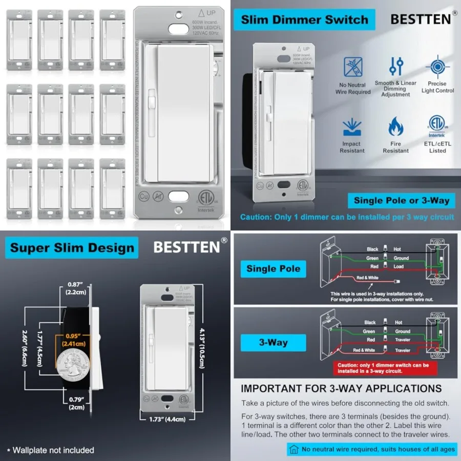 Pack Super Slim Slide Dimmer Light Switch, Single Pole or Way Dimmer Switches, Compatible with LED Dimmable Lamp, CFL, Incandes