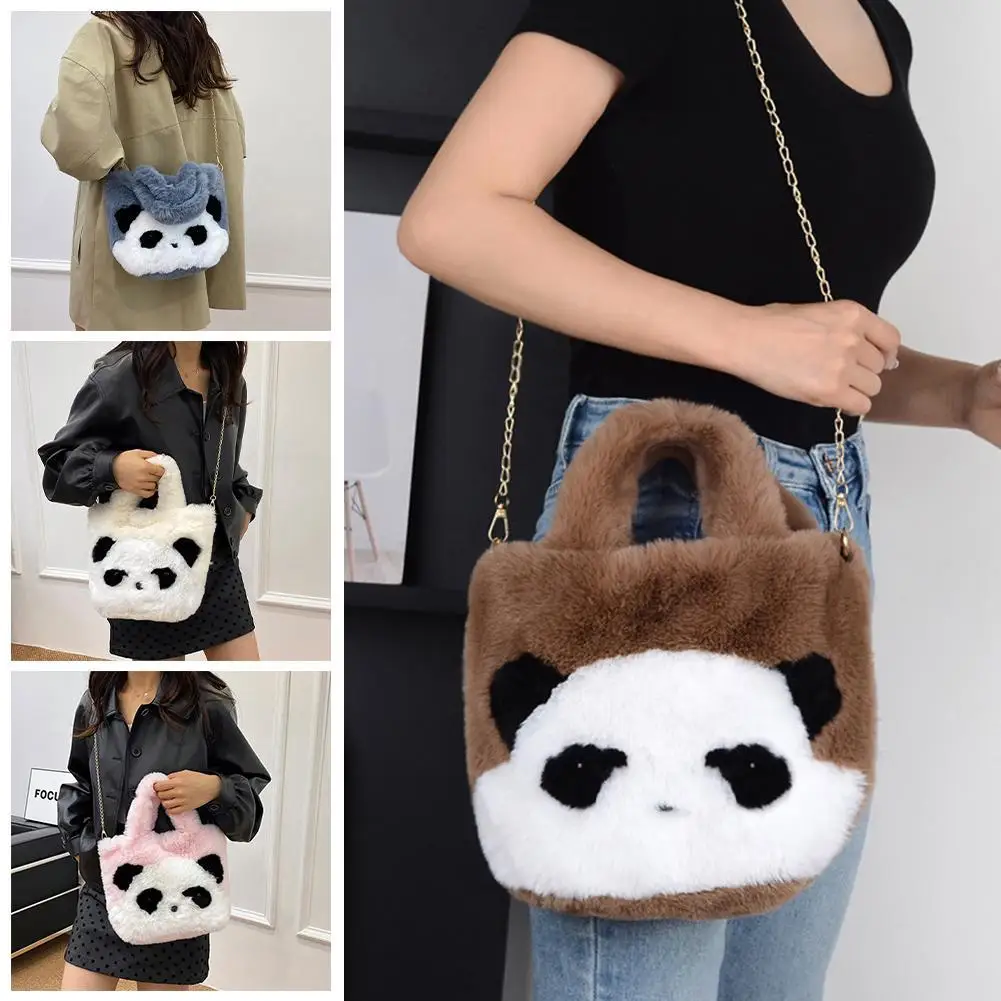 Large Capacity Panda Plush Shoulder Bag Cartoon Panda Handbag Furry Shoulder Bag With Chain Strap Warm Crossbody Bag