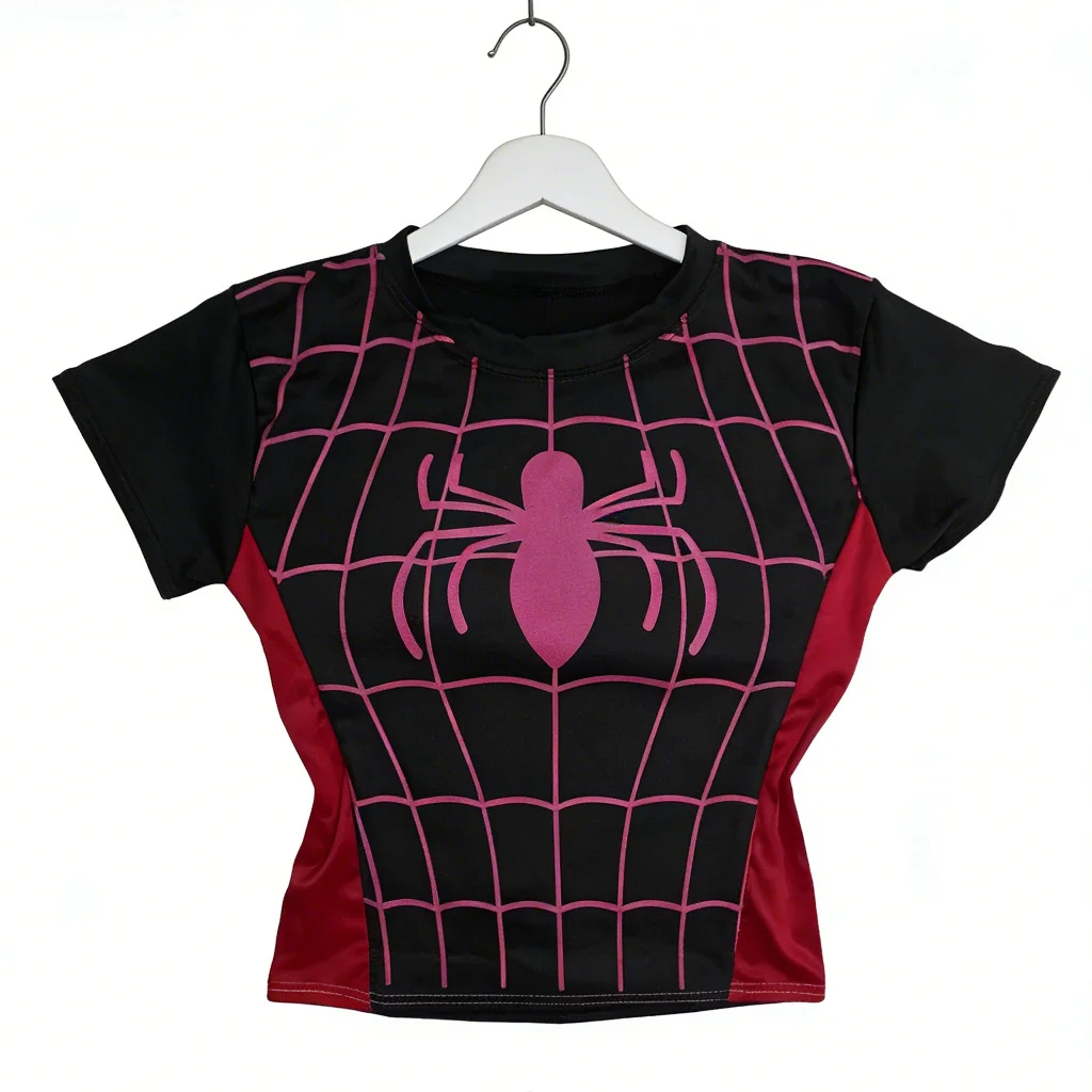

Spider Man Sporty Crop T-Shirt Dance Hip Hop Streetwear Slim Graphic Short Top For Women Girls Outfit