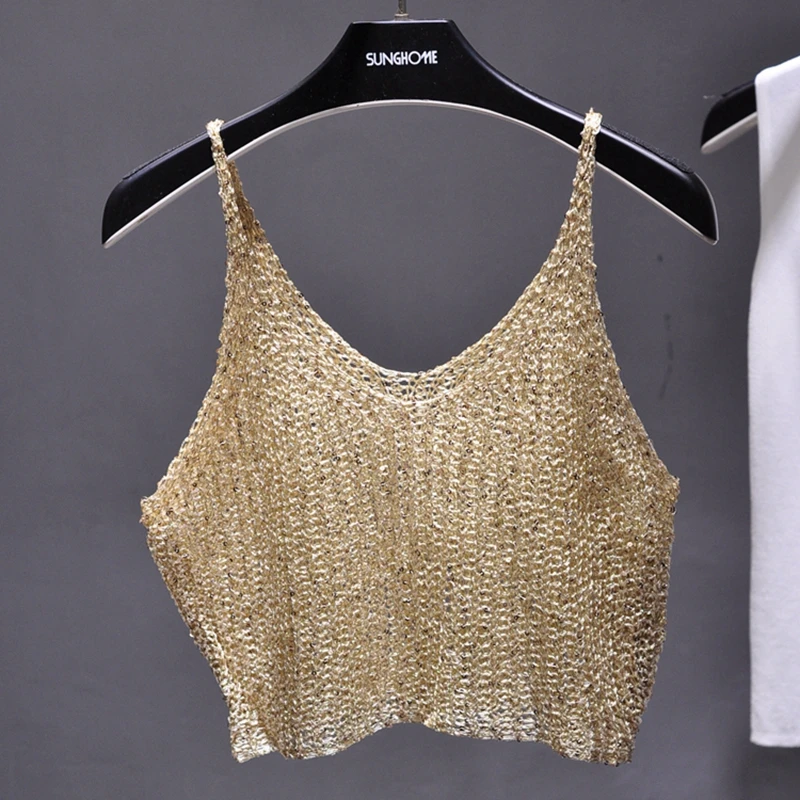 Sparkling Sequins Half Waist Render Knitwear Hollow-out Is Sexy Waist Condole Top Cropped  Sexy Streetwear   Woman Tops Summer