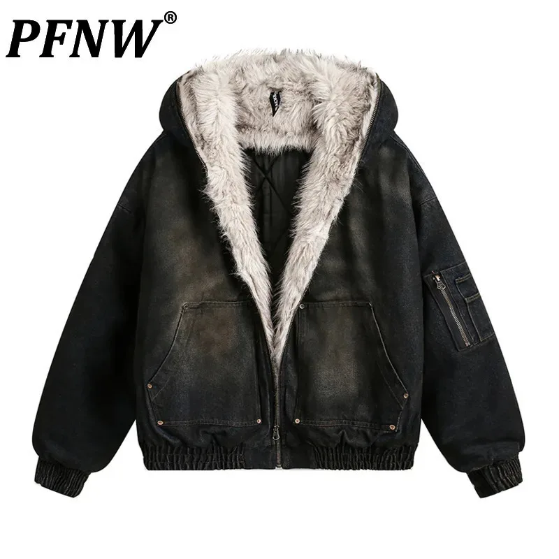 PFNW Menswear Thickened Denim Quilted Padded Jackets Autumn Winter Trend 2024 New Oversized Fur Collar Hooded Cotton-padded Coat