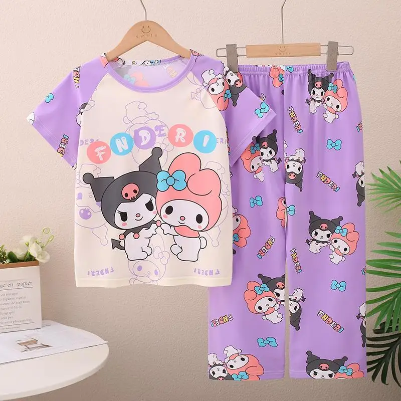

Sanrio детские пижамы для родителей и детей Cinnamoroll для девочек из чистого хлопка с короткими рукавами, весна-лето-осень для девочек, домашняя одежда из 3 предметов