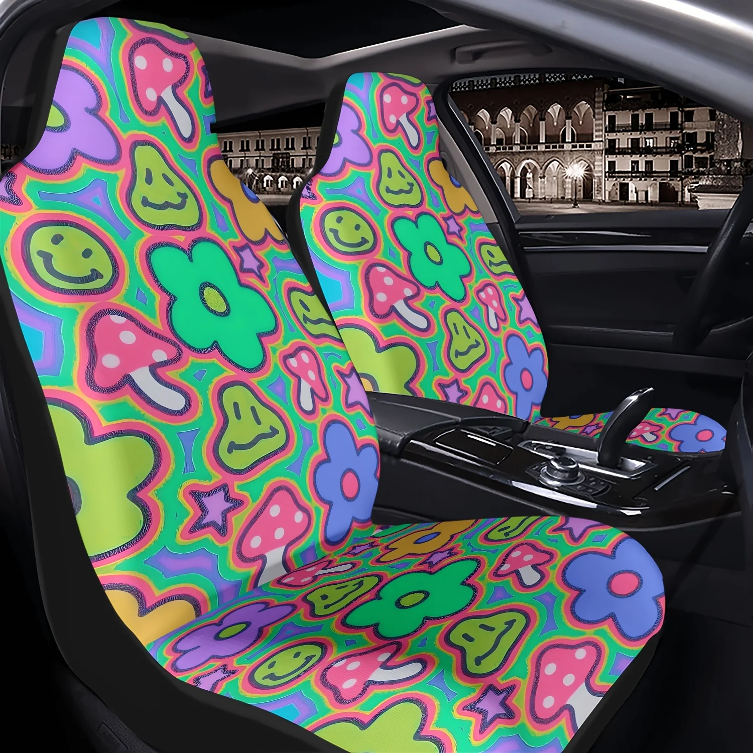1pc Dreamy Flower Mushroom Galaxy Themed Printed Car Seat Cover, Easy To Install, Elastic Fit, Comfortable And Breathable, Unive