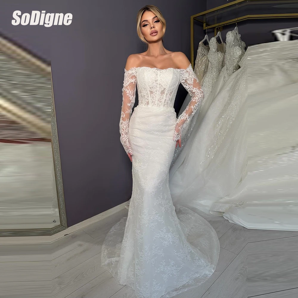 

SoDigne Mermaid Lace Wedding Dresses Off Shoulder Long Sleeves Bride Dress Boho Wedding Gown vestidos de novia 2026 Customized