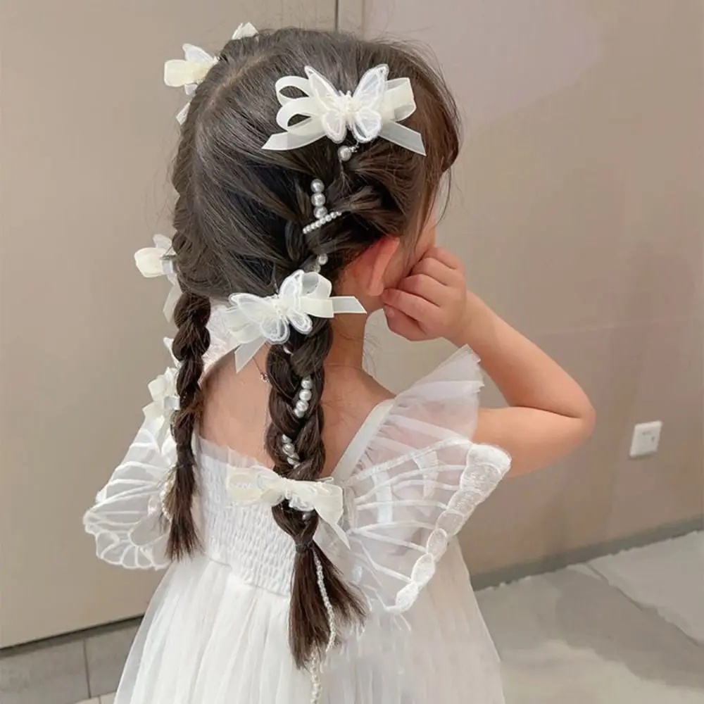 Cadena trenzada de mariposa de princesa para el cabello, horquilla trenzada de perlas, accesorios para el cabello, diadema, lazo para el cabello con borla para niños