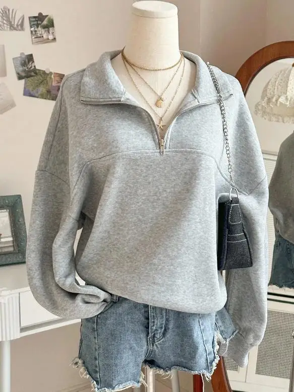

Women's Hoodie Autumn/winter 2025 Zipper Collar Long Sleeved Hoodie Loose Pullover Hoodie Simple Casual Comfortable Hoodie
