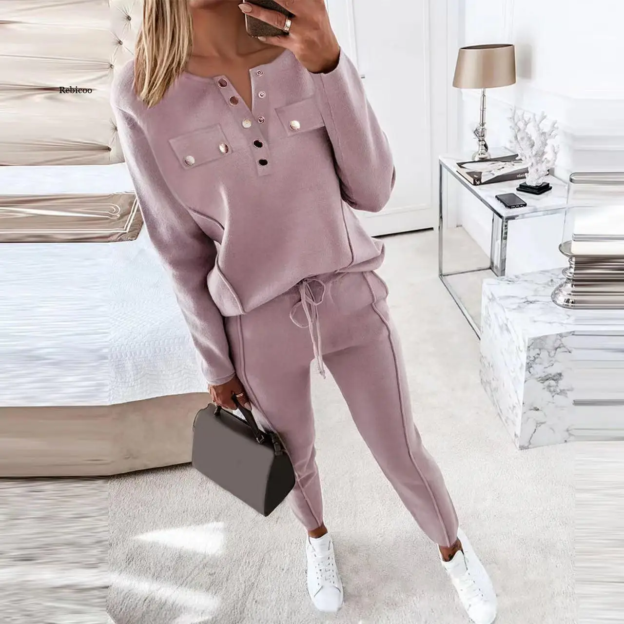 Spring V Neck Buttoned Pocket Loose Long Sleeve Sweatshirts Women Training suit Drawstring Fitness Pants Set Sportswear