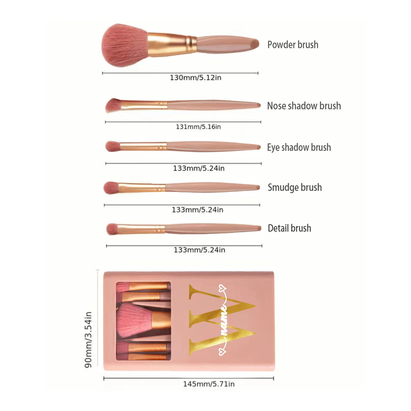 Nome personalizado Makeup Brush Set com Caixa Espelho, Kit Cosmético Portátil, Organizador Multifuncional, Ferramentas De Beleza, Titular, 5Pcs