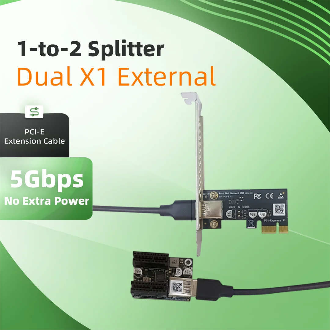 PCI-E 1 to 2 Splitter Extension Cable PCIe X1 to Dual X1 External Riser Card No Extra Power Supply For GPU Capture Card