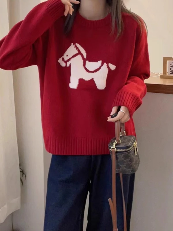 

Red Vintage Embroidered Loose Knitted Sweater Women's Autumn Winter New Style Youthful Overhead Inner Wear Base Shirt Top