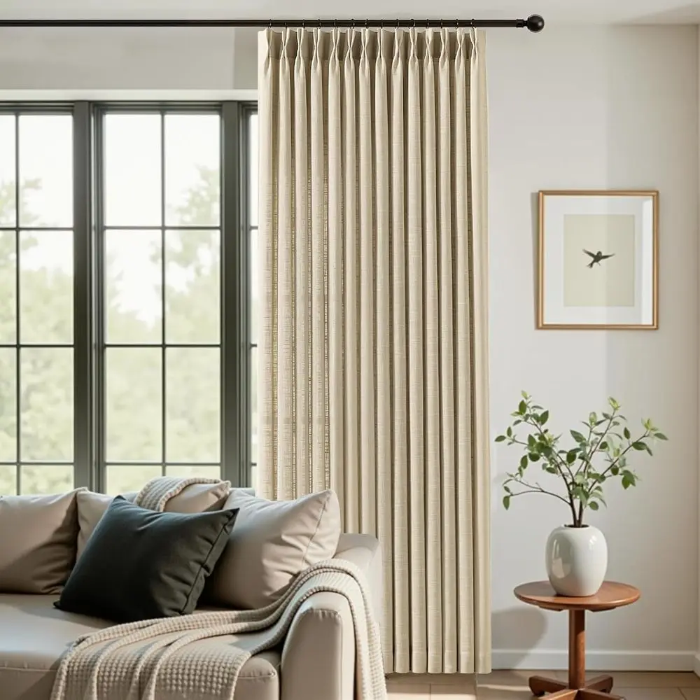 Rustic Textured Pinch Pleat Linen Blend Sheer Curtains, 84 Long, Sand Beige, W40xL84, for Living Room with Hooks or Rings
