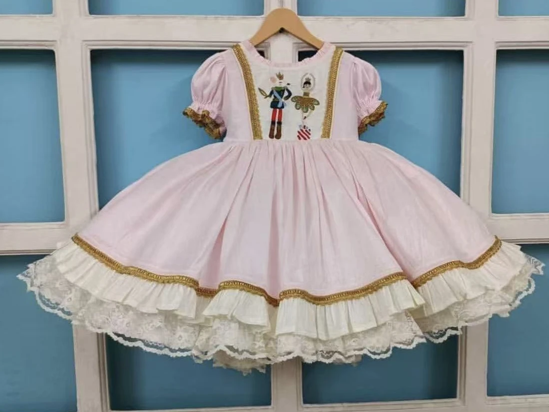 

0-12Y Baby Girl Summer Elf Nutcracker Embroidery Vintage Princess Pink Dress for Birthday Photography Holiday Eid Christmas B477