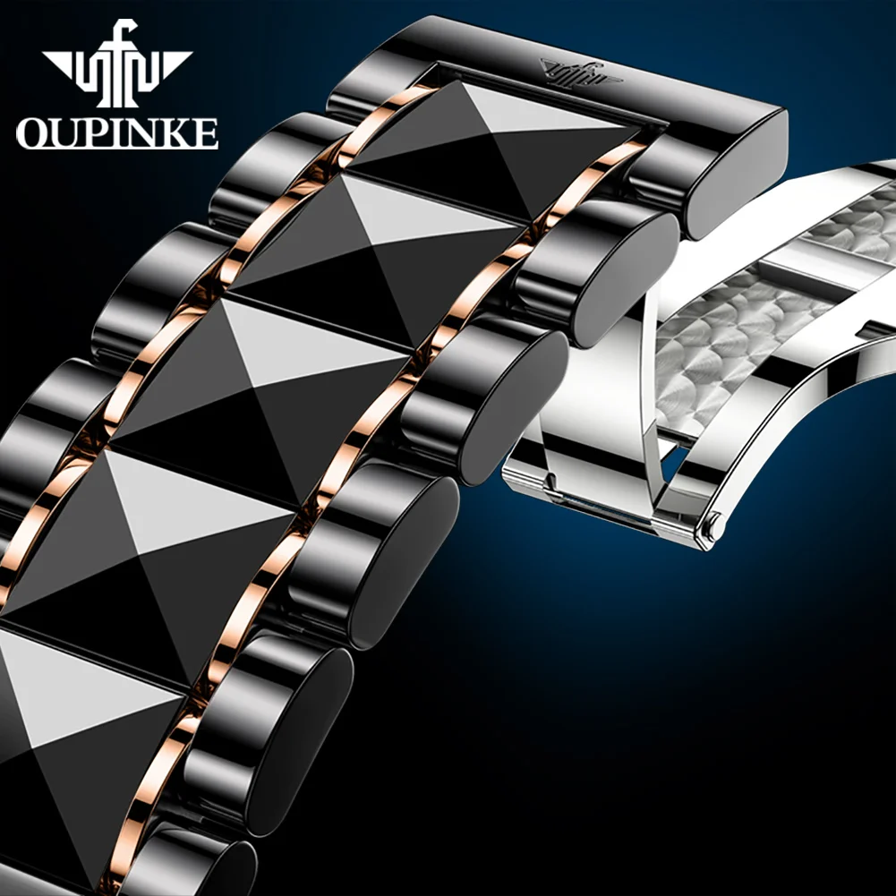 OUPINKE 3236 Fashion Black Rose Mens Watches Luminous Sapphire Mirror Skeleton Automatic Mechanical Watch Butterfly Buckle Watch